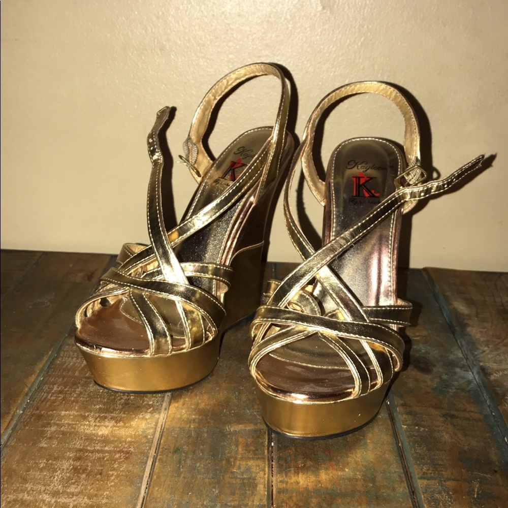 NEW NEVER WORN Strappy Gold & Rose Wedges 7.5 - Picture 3 of 6